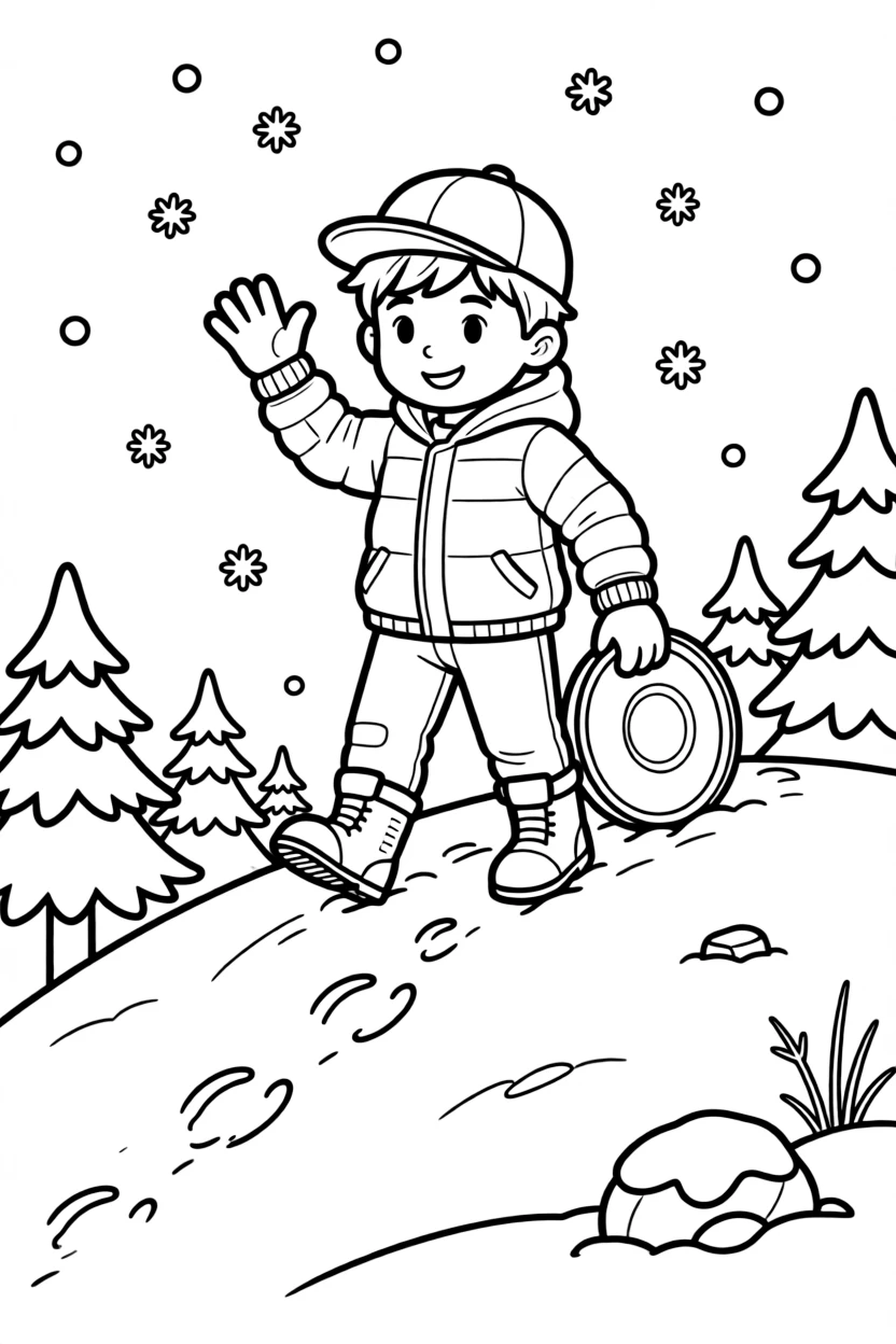 A confident boy wearing a bright cap, waving from the top of a hill before pushing off on a saucer sled.