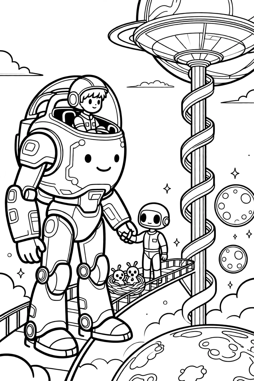 Young pilot Volt riding inside the friendly giant mech Vanguard helping a shy robot overcome its fear of heights on a sky bridge, in a spiral space elevator connecting a planet to its orbiting station, with a nest of baby alien creatures chirping happily and a cluster of soap-bubble-like energy shields nearby.