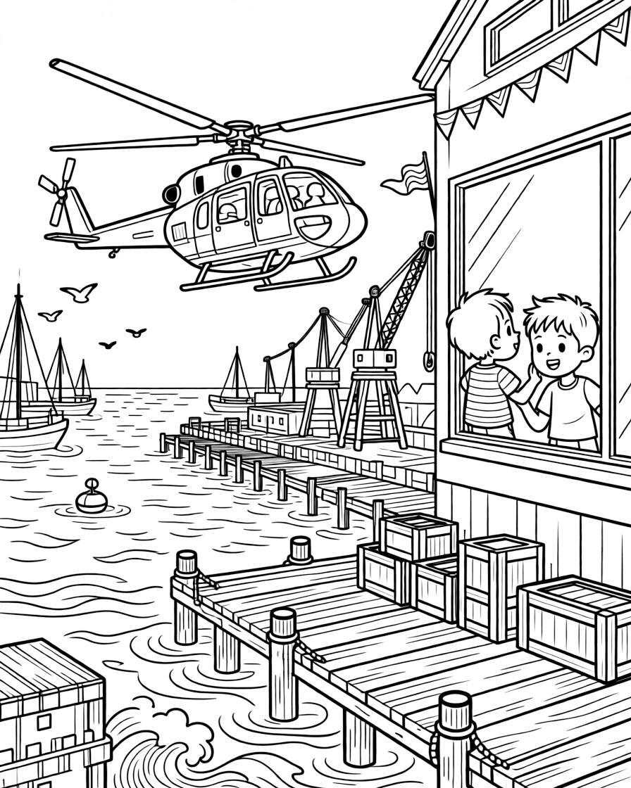 This coloring page shows a rescue helicopter with spinning rotor blades making its way across a busy harbor lined with docks, cranes, and stacked crates, accompanied by twin siblings pressing their faces to the window, while colorful flags fluttering from every corner adds extra charm to the scene.