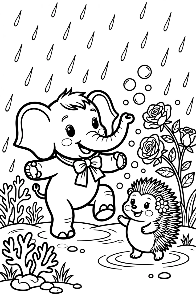A baby elephant dancing in the rain with a porcupine in a coral reef, near a rose bush, as bubbles float up into the sky.