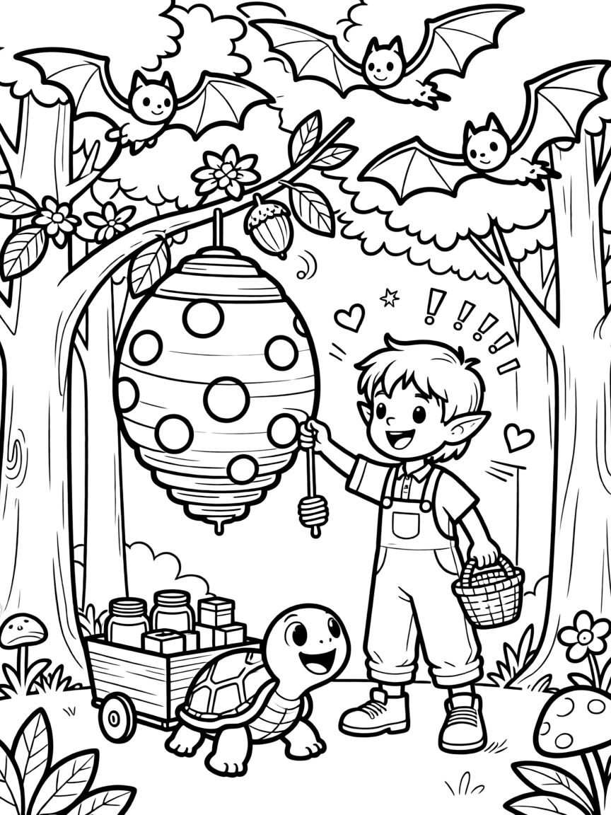 In a treetop city connected by zip lines, an adventurous toy shop elf is busy harvesting honey from a giant polka-dot beehive, cheered on by a cart pulled by a very determined turtle and a squadron of friendly bats looping overhead. Little cheers of excitement fill the air.