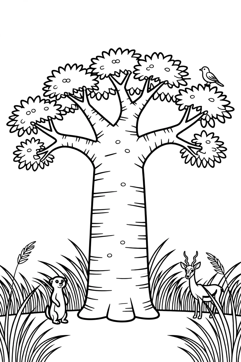A coloring page spotlighting a baobab tree with a huge trunk standing alone on the savanna in Senegal, framed by leafy branches, tall grass, and a few playful smaller creatures nearby.