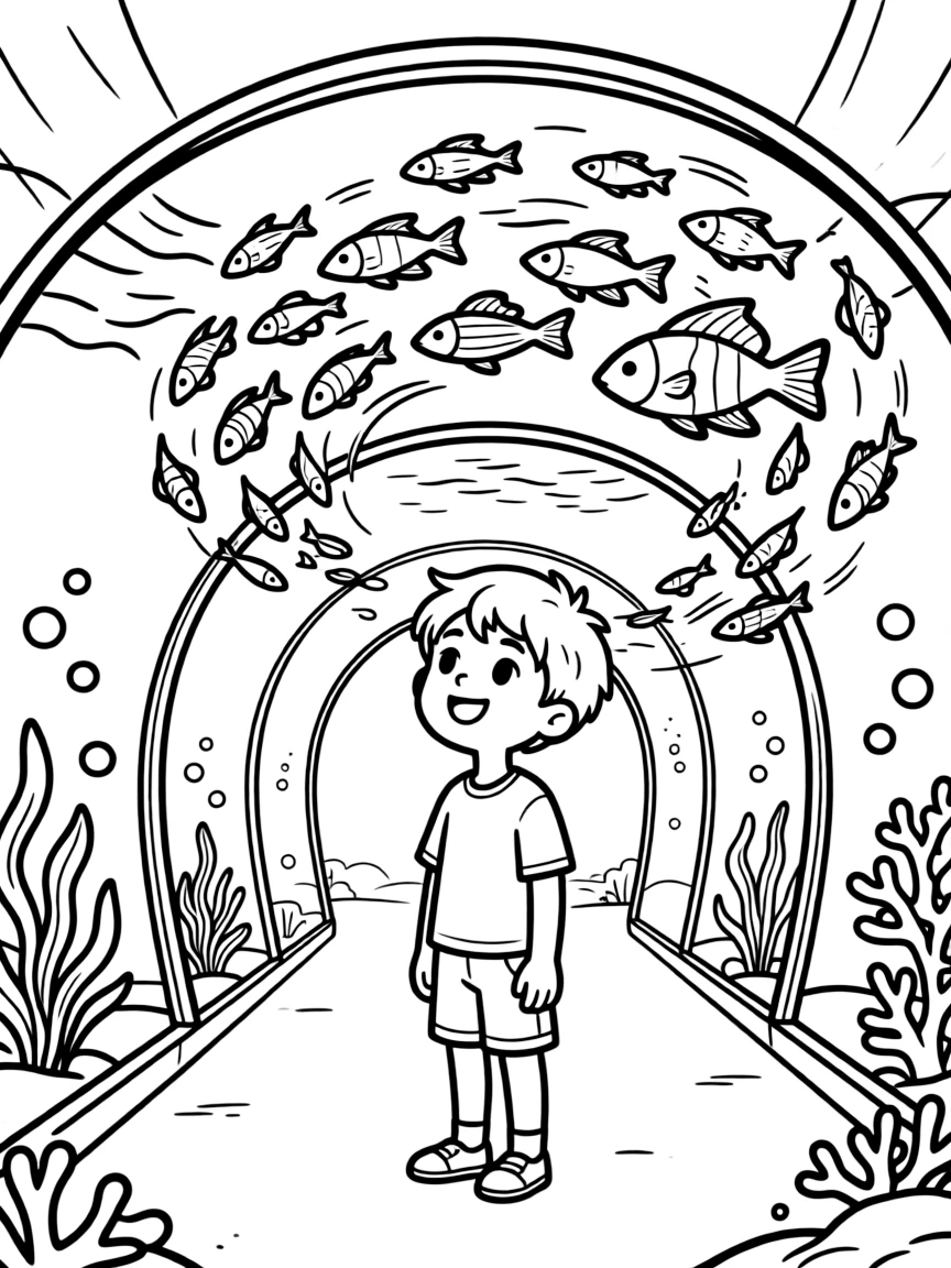 a bold young boy watches fish swirl past in a giant aquarium tunnel tank.