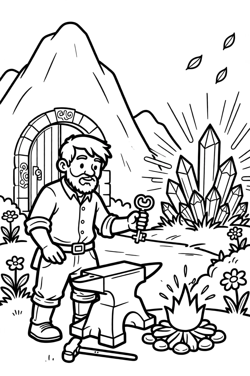 A dwarf blacksmith forges a tiny key that unlocks a hidden door in the mountain leading to a garden of glowing crystals.