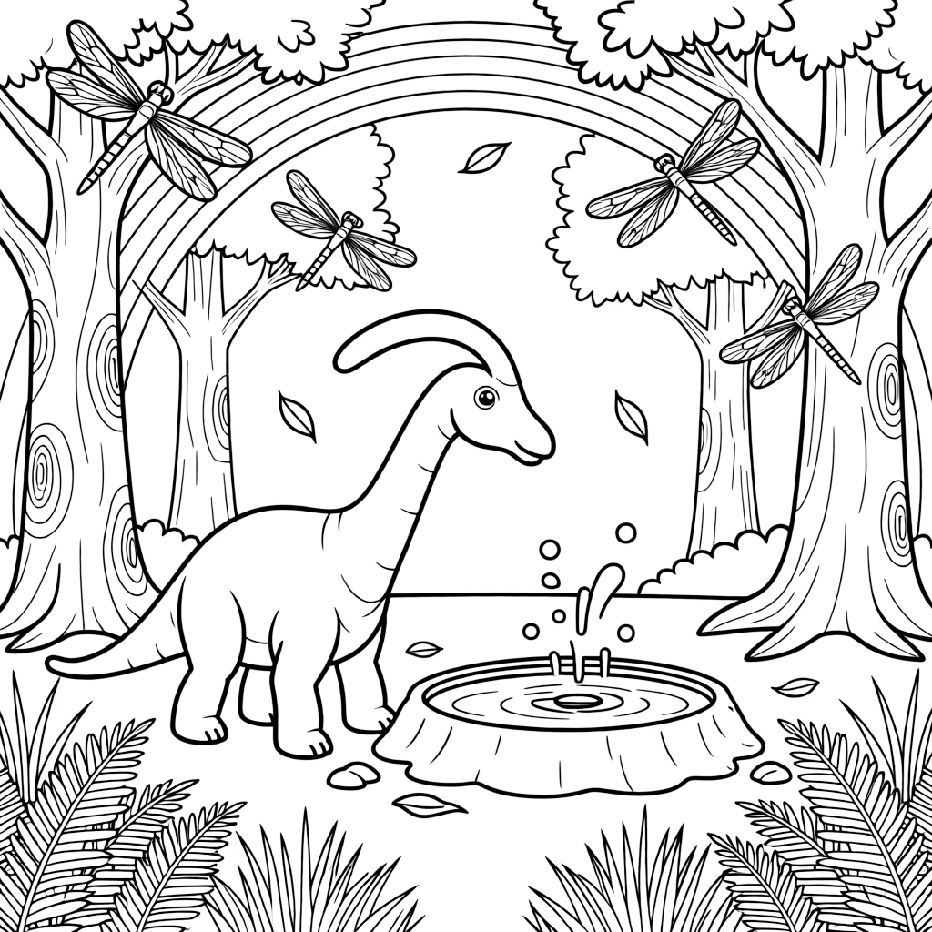 [Dinosaurs] a crested parasaurolophus standing beside a bubbling tar pit among towering ancient trees. In the background, dragonflies the size of birds buzz nearby, adding extra fun to explore. Patches of tall grass and ferns fill the foreground. It all happens on a crisp autumn afternoon, with a rainbow arching overhead.