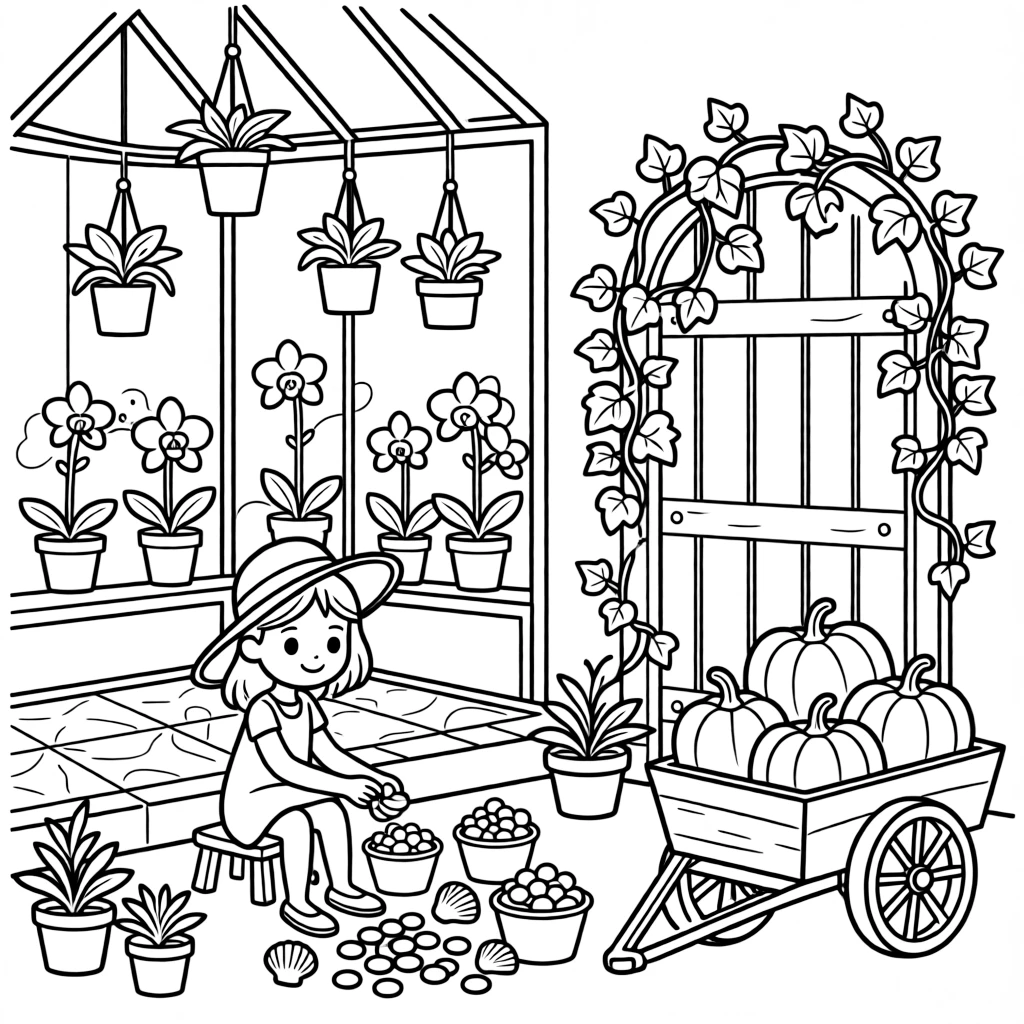 A girl in a wide sunhat is sorting seashells and pebbles by size and color inside a greenhouse conservatory filled with orchids. Close by, a garden gate covered in climbing ivy and a wagon piled high with pumpkins add to the delightful moment.