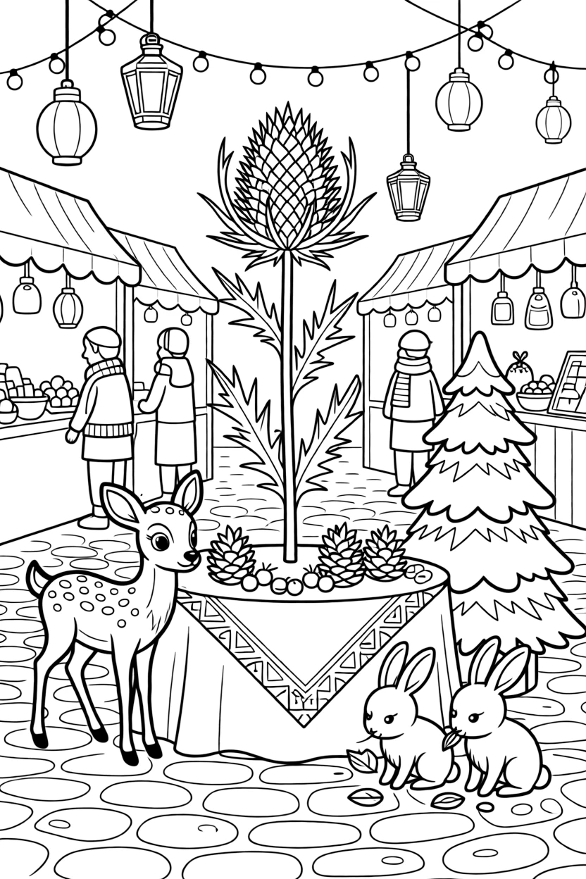 A thistle centerpiece on a festive table in a bustling indoor market glowing with warm lights, alongside a spotted fawn and a snow-covered pine tree, with a family of snow-covered rabbits close by.