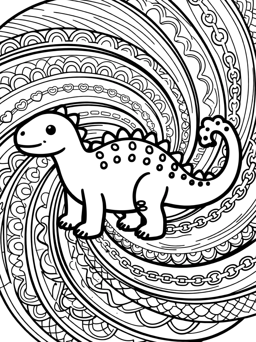 Dinosaurs & Prehistoric: The main subject is an ankylosaurus with a club-shaped tail, drawn as the focal point of a shell-spiral mandala coiling outward in smooth turns. It is centered on the page, anchoring a design that expands outward in smooth, even waves. Decorative details fill the surrounding space, including a chain of linked heart shapes, overlapping fish-scale textures, and interlocking circle chains woven throughout the background. A playful extra touch completes the page: a small key shape tucked discreetly among the pattern details.