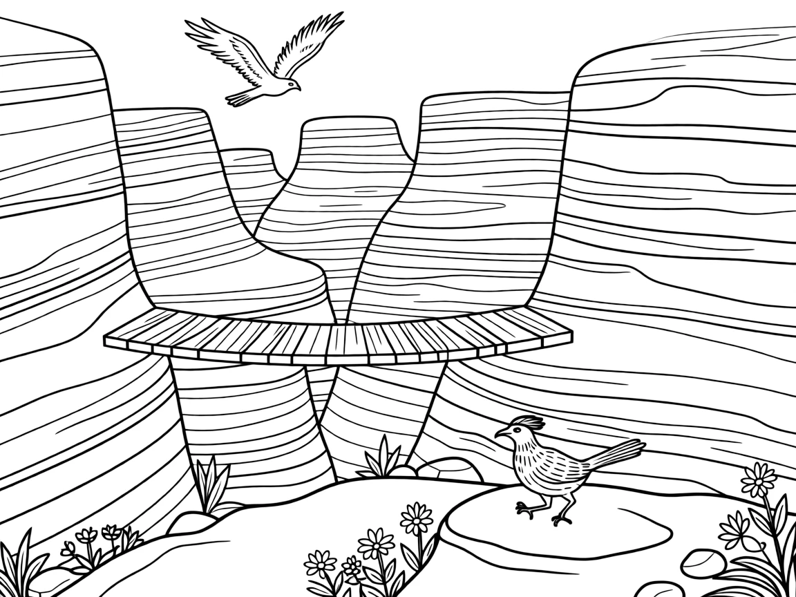 [Canyon Trails] A hawk circles high above a deep canyon carved with layers of orange and red rock. A roadrunner darts across the trail past a cluster of wildflowers growing between rocks. A narrow wooden bridge crosses a rocky gap between two towering canyon walls. Morning light stretches across the canyon, highlighting every ridge and layer of rock.