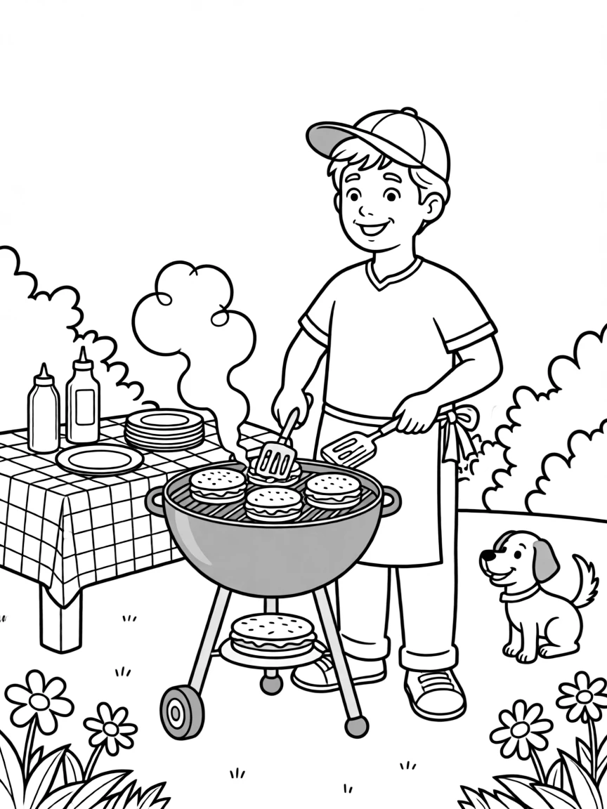 A grill master flips burgers at a smoky backyard barbecue cookout.