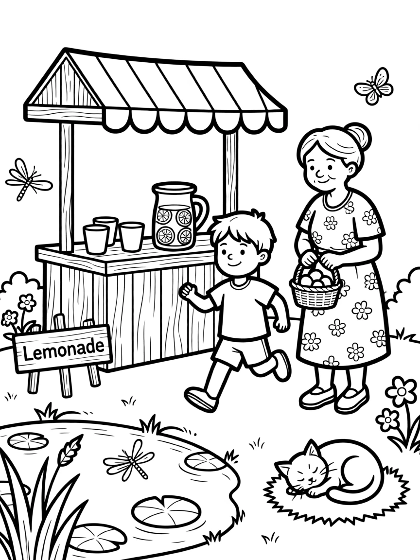 An older brother running a lemonade stand with a great-grandmother by a small pond while a kitten naps in a sunny spot.