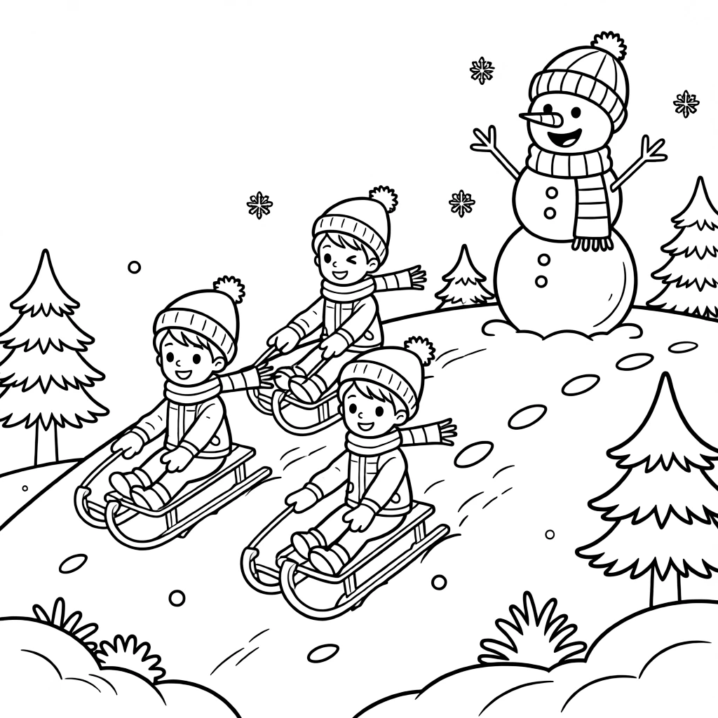 A group of classmates, sledding past a cheerful snowman standing at the edge of the hill.