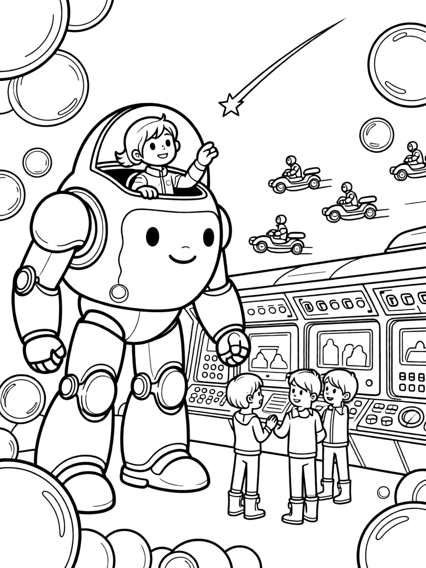 Young pilot Wren riding inside the friendly giant mech Star-Titan spotting a shooting star and making a wish with new friends near a spaceship's bright control room full of blinking buttons and screens, surrounded by a fleet of hover-scooters zipping past in the background and a cluster of soap-bubble-like energy shields.