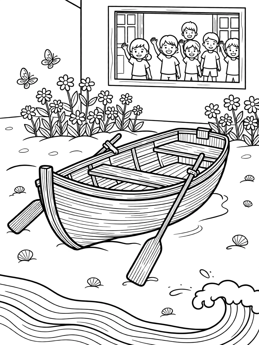The scene captures a wooden rowboat with oars resting on its sides in the middle of a sunny sandy beach where waves roll onto the shore, with a group of cheerful kids waving from the windows nearby and butterflies fluttering near a patch of wildflowers sprinkled around for extra fun.