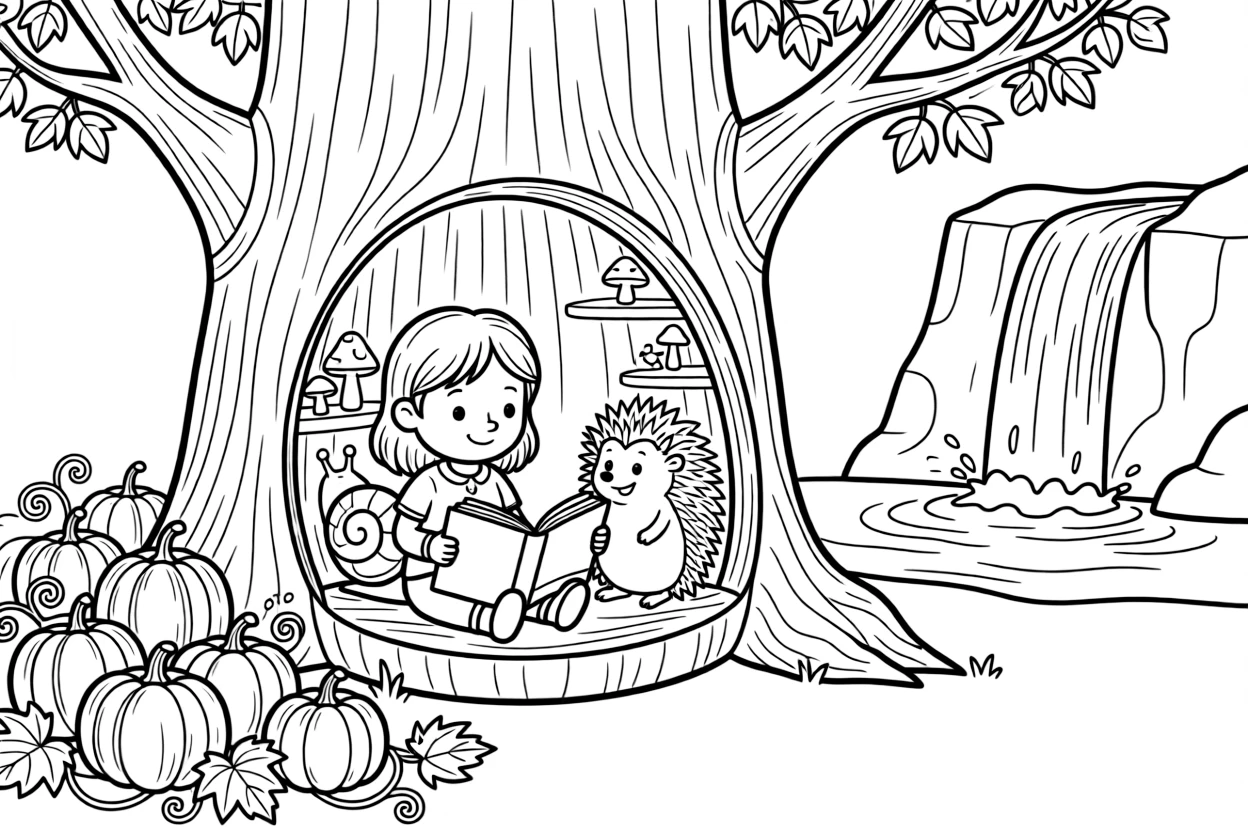 A snail inside a hollow tree trunk, reading a storybook under a tree with a hedgehog, next to a pumpkin patch, as a gentle waterfall splashes in the background.