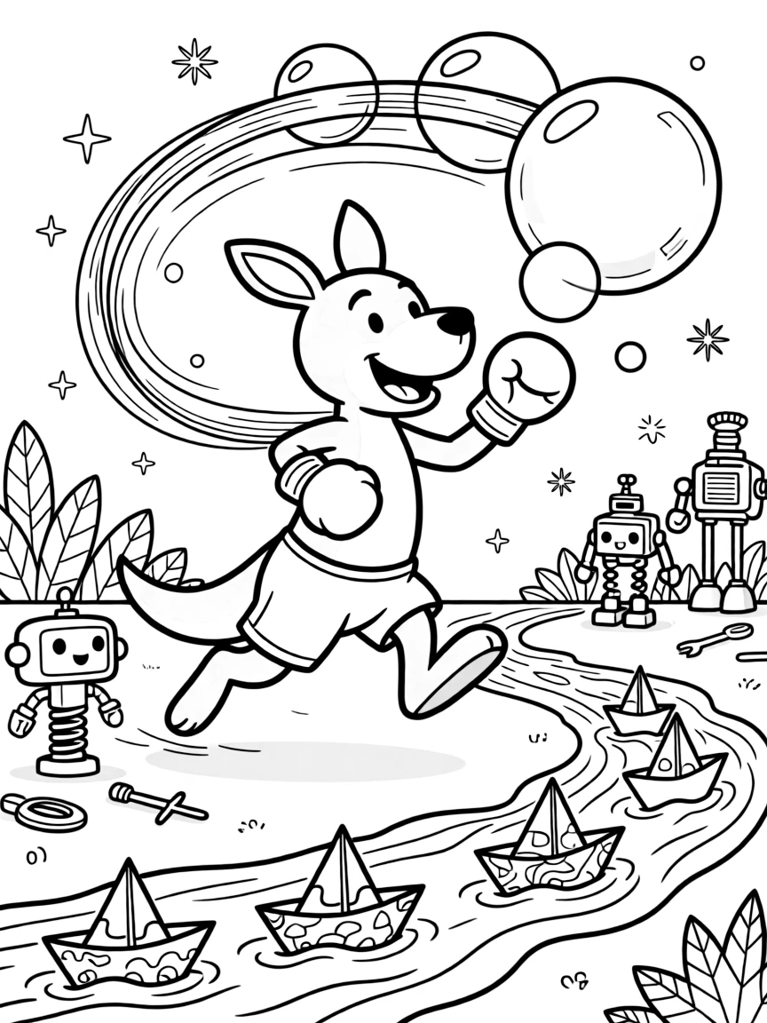 In a workshop cluttered with half-built inventions, a wobbly kangaroo boxer with a big smile discovers the joy of chasing a trail of giant soap bubbles, while a fleet of tiny paper boats racing along watches happily nearby. It's shaping up to be the happiest day in the whole kingdom.