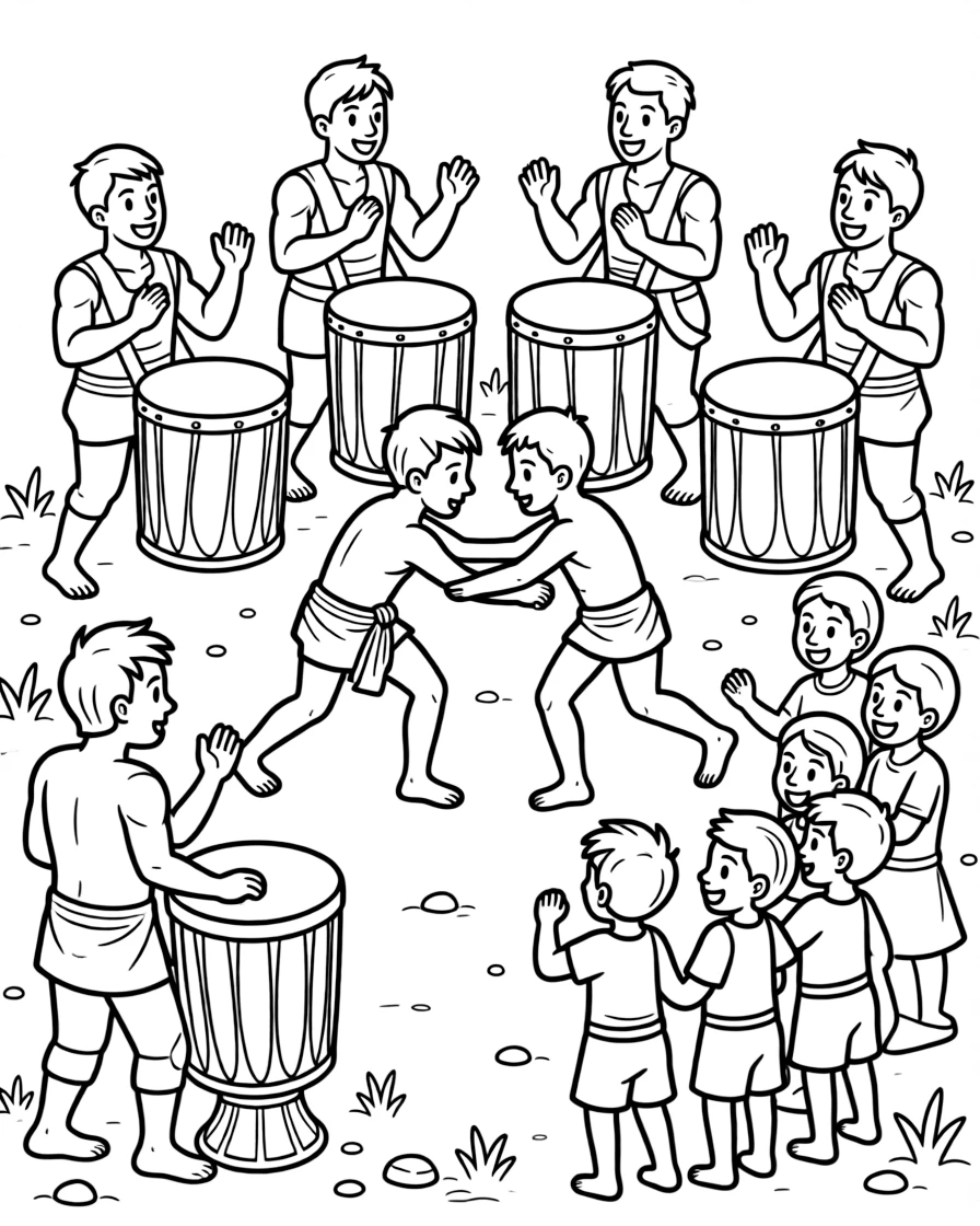 A coloring page showing a colorful wrestling match (laamb) with drummers cheering nearby in Senegal, admired by a group of delighted children gathered close by.