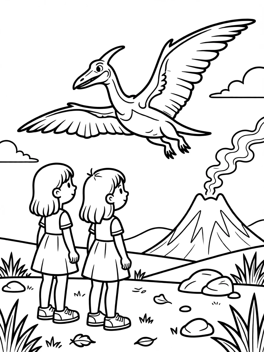 determined twin sisters watch a pterodactyl soar overhead near a smoking volcano.