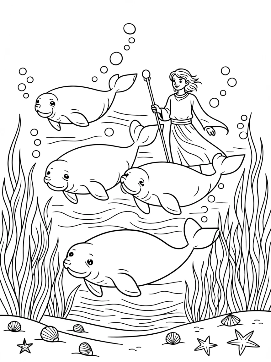 A merman shepherd guides a herd of gentle manatees through an underwater meadow of swaying sea grass.