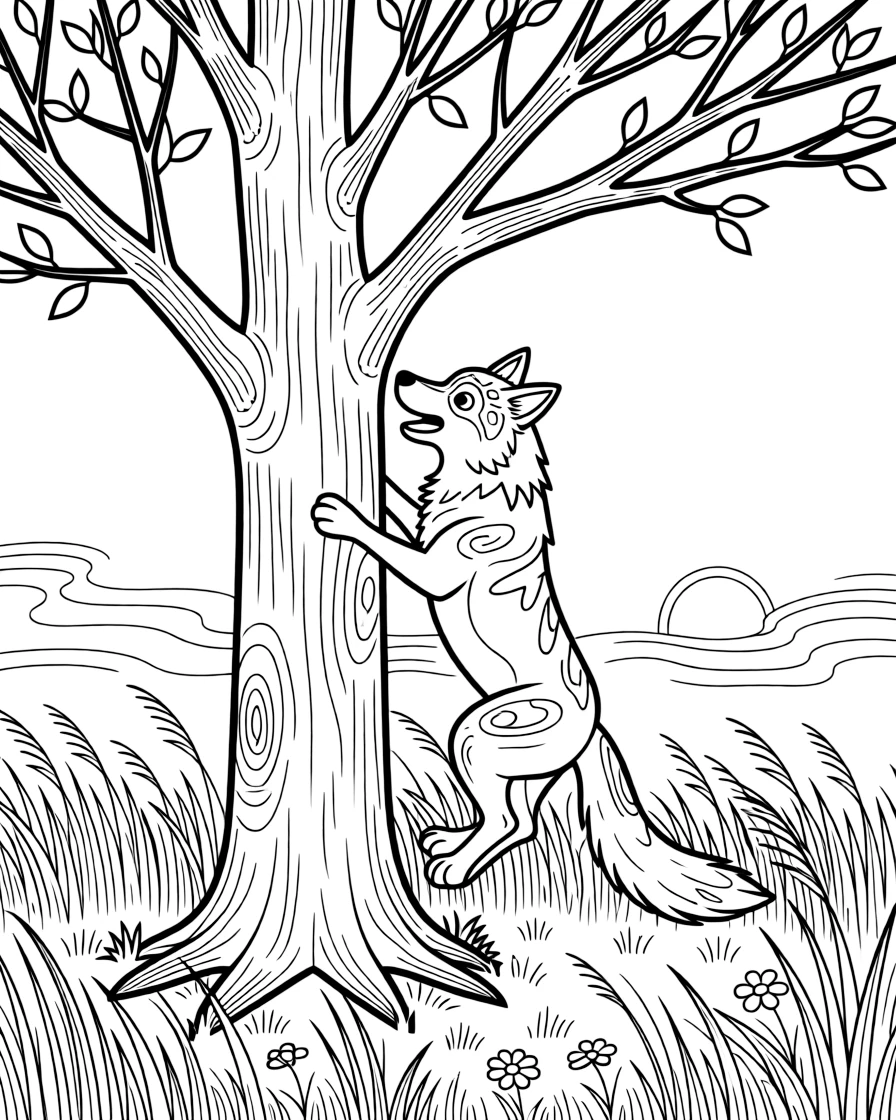 [Wild Animals] a leaping gray wolf climbing a tall tree on the African savanna, wide-eyed with wonder. Nearby, tall grass sways gently in the wind. Its fur pattern adds interesting texture to color. The scene is captured during a bright summer day, with heat waves shimmering in the distance, giving the page a lively and adventurous feel that invites plenty of colorful detail.