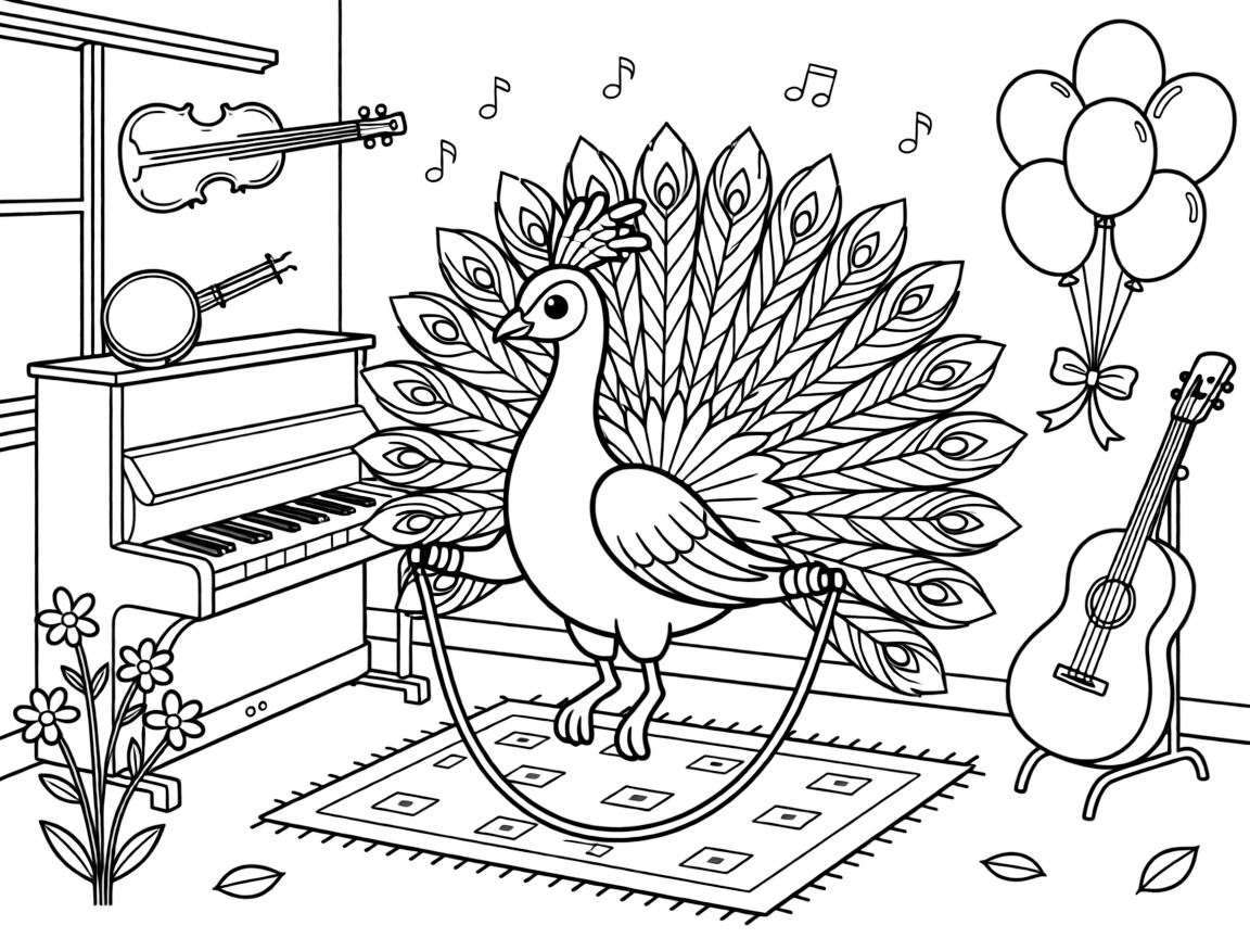 A colorful peacock fanning its tail is jumping rope with ribbons tied to the handles inside a music room lined with instruments. Close by, wildflowers swaying gently in the wind and a cluster of bouncing balloons tied with ribbon fill the page with charm.