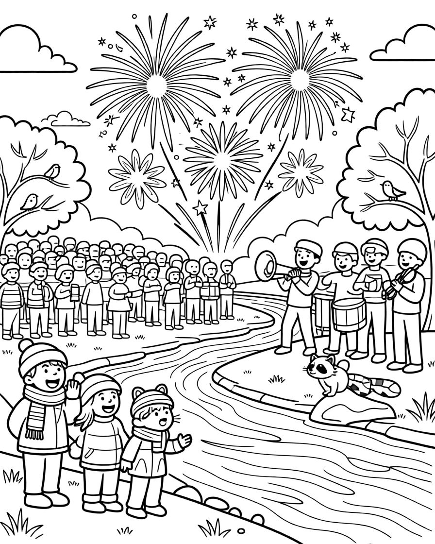 A wide view on a riverbank crowded with people watching a celebration, featuring a family bundled up watching the lights dance overhead, a round raccoon, and musicians playing lively instruments, with fireworks blooming in the night sky nearby.