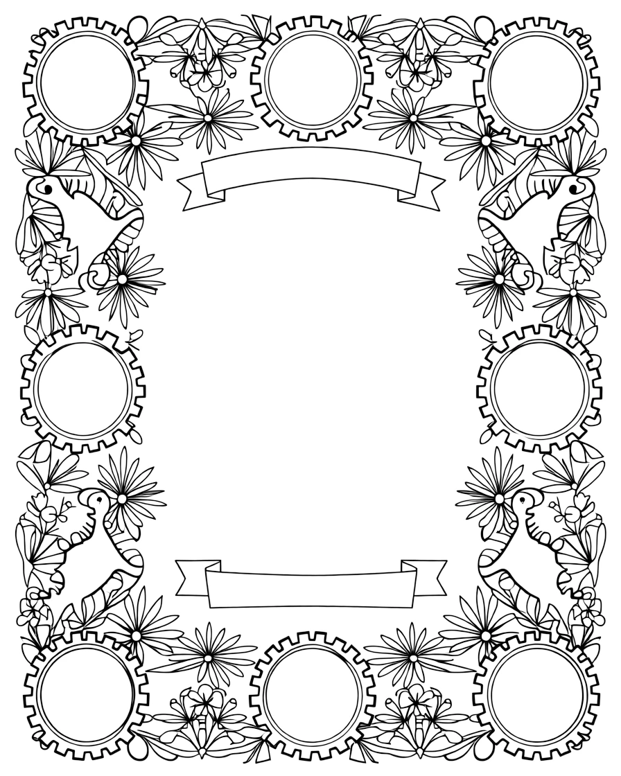 Dinosaurs & Prehistoric: The page centers on a repeating motif of an ankylosaurus with a club-shaped tail, built around a gear-wheel mandala with even notches around the rim. The motif is lined up along the top and bottom edges, mirrored by a matching row along the left and right sides. Decorative details fill the surrounding space, including rays fanning out like a small sunburst, clusters of tiny bells, and layered leaf clusters woven throughout the background. A playful extra touch completes the page: a little blank banner tucked into the design, ready for a name to be added.