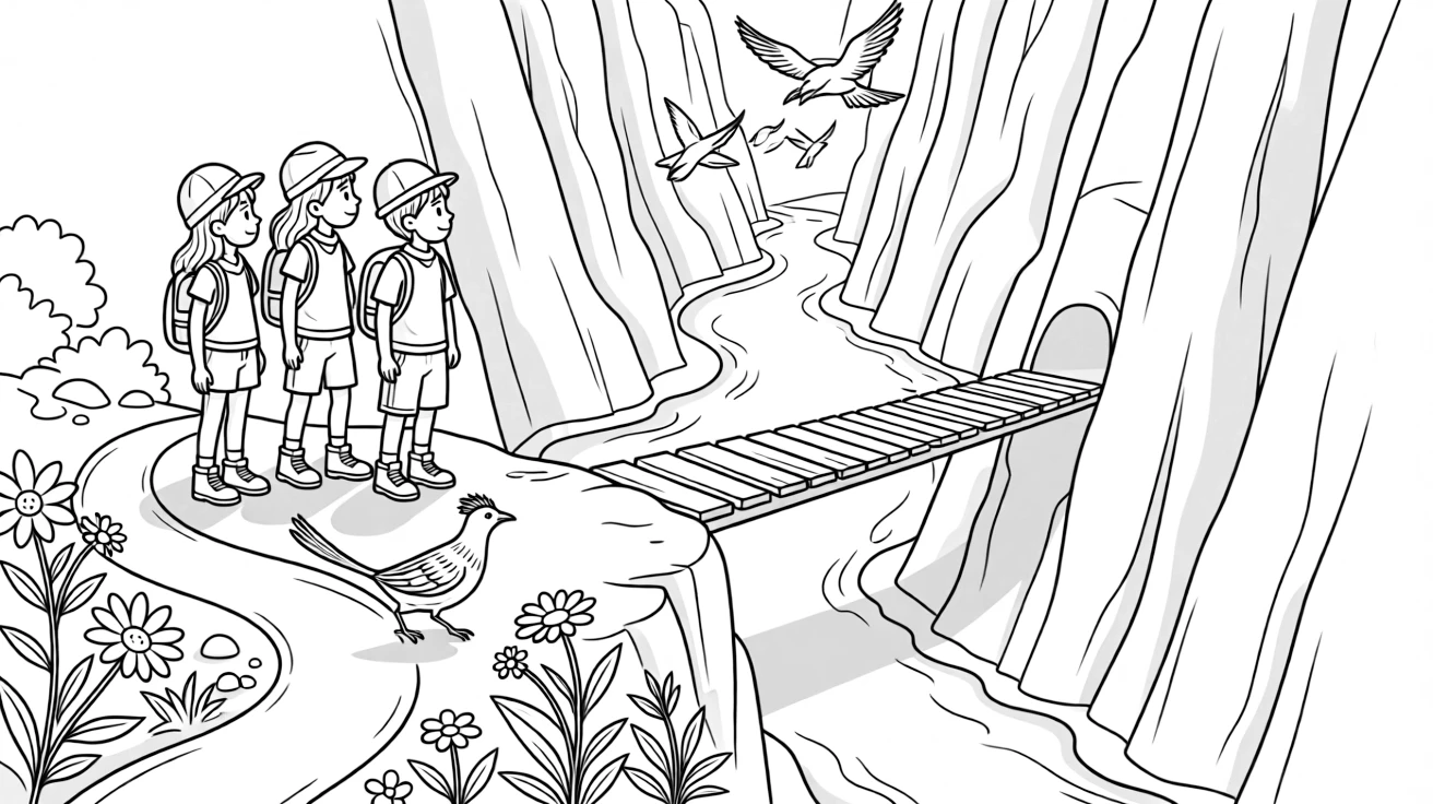 [Canyon Trails] A group of hikers pauses to admire a winding river far below the canyon rim. A roadrunner darts across the trail past a cluster of wildflowers growing between rocks. A narrow wooden bridge crosses a rocky gap between two towering canyon walls. Soft evening shadows stretch across the canyon floor as birds return to their nests.
