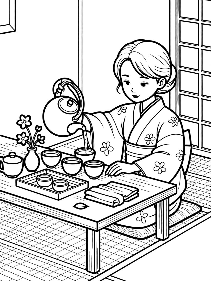 A tea ceremony host pours fragrant tea into small cups at a wooden table.