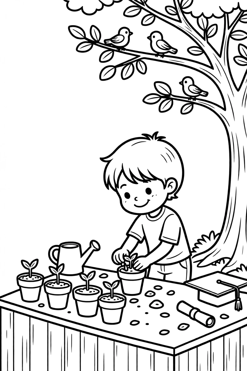 A young child planting seeds in small pots at a graduation stage as birds chirp in a nearby tree.