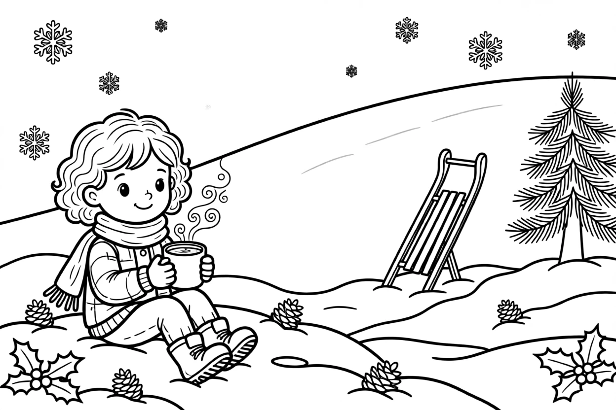 A little girl with curly hair, warming up with hot cocoa at the bottom of the hill after many runs.