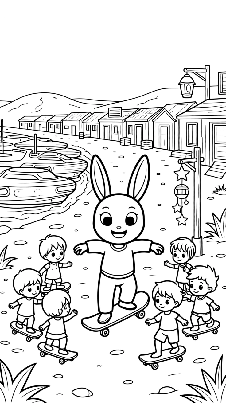 Sizzle, a bouncy alien creature with rabbit-like ears teaching a group of alien children how to skateboard on gravity boards near a small frontier town on a dusty desert moon, surrounded by a row of docked spaceships gleaming in the light and a wind chime made of tiny metal stars.