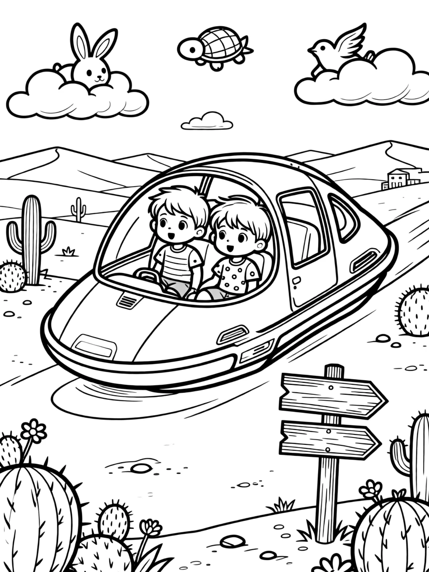 This page centers on a magnetic hover-sled zipping across a crystal city exploring a golden desert dotted with cacti and distant sand dunes, featuring twin siblings pressing their faces to the window and little extras like an old wooden signpost pointing to faraway towns and fluffy clouds shaped like animals drifting overhead.
