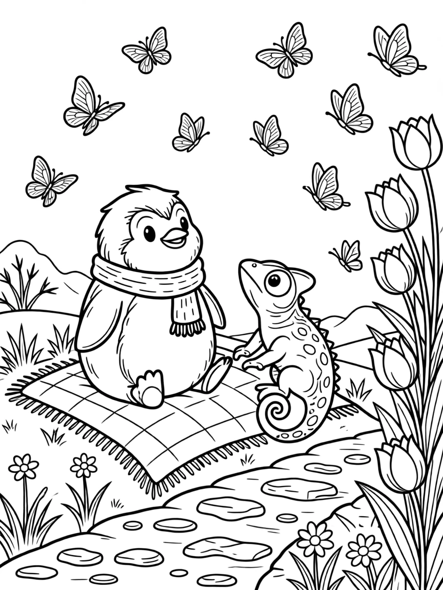 A chameleon stargazing on a blanket with a chubby penguin on a rocky mountain trail, near a bed of tulips, surrounded by fluttering butterflies.