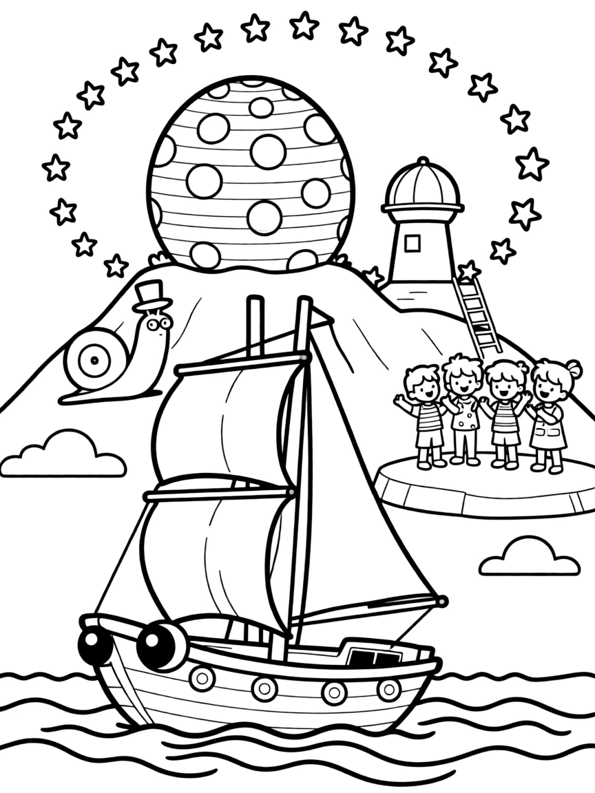 A giant sailboat with big cartoon eyes takes a break from adventures to try harvesting honey from a giant polka-dot beehive at a mountaintop observatory under a swirl of stars, with a snail wearing a tiny top hat close behind. Everyone claps and cheers at the happy sight.