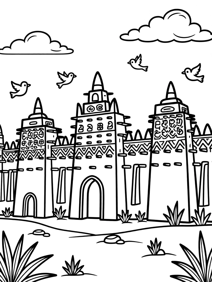 A coloring page celebrating Mali featuring the mud-brick towers of a great desert mosque, with a few small birds in the sky and friendly clouds nearby.