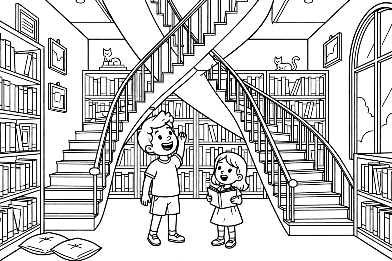 a cheerful older brother and his little sister explores a library where staircases rearrange themselves like a puzzle.