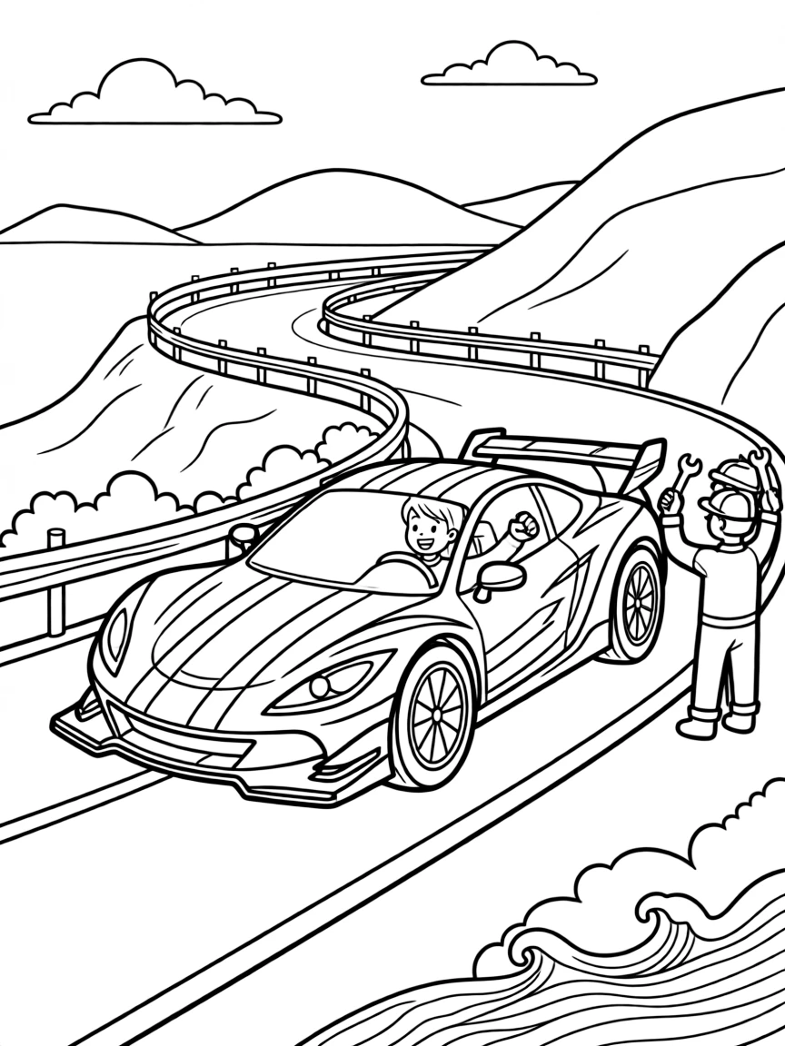 [Race Cars] A dynamic scene shows a sleek race car speeding around a hairpin turn along a coastal mountain road, cheering with both fists raised. Close by, a pit crew waves tools near the track. Sponsor-free racing stripes swoop along the body. The moment unfolds during a bright summer day, with fluffy clouds drifting overhead, filled with energetic detail perfect for a young colorist.