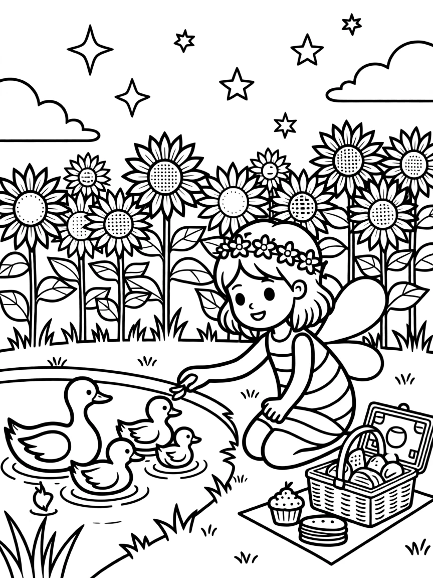 A girl dressed as a queen bee for a spring parade is feeding a family of ducks by the water's edge in a sunflower field at golden hour. Scattered nearby, sparkling stars scattered across the sky and a picnic basket overflowing with treats fill the page with charm.