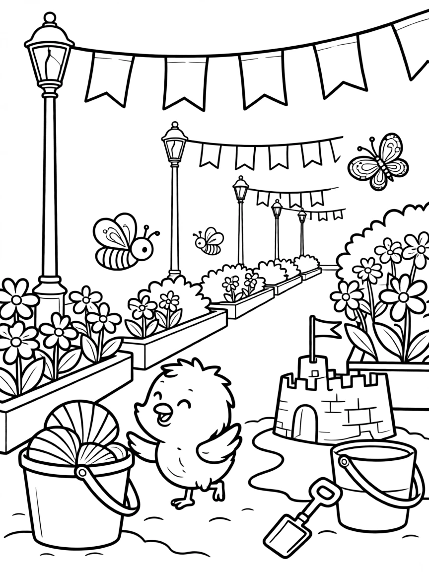 A row of flags waving along a decorated street in a garden buzzing with bees and butterflies, with a tiny chick playing close by amid a seashell collection in a bucket and a bucket and shovel by a sandcastle.