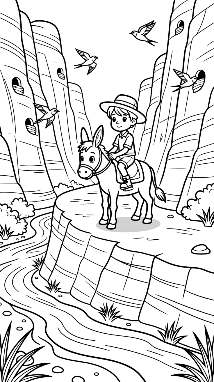 [Canyon Trails] A young explorer rides a friendly donkey along a winding trail deep within a red rock canyon. Swallows dart in and out of small holes in the canyon walls, building their nests. A winding river cuts through the canyon floor far below the rocky rim trail. Soft evening shadows stretch across the canyon floor as birds return to their nests.