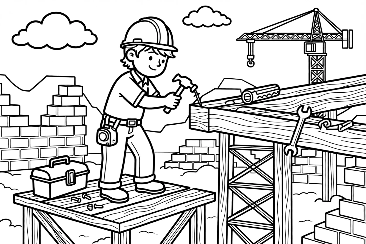 A construction worker in a hard hat hammers a nail into a wooden beam at a building site.