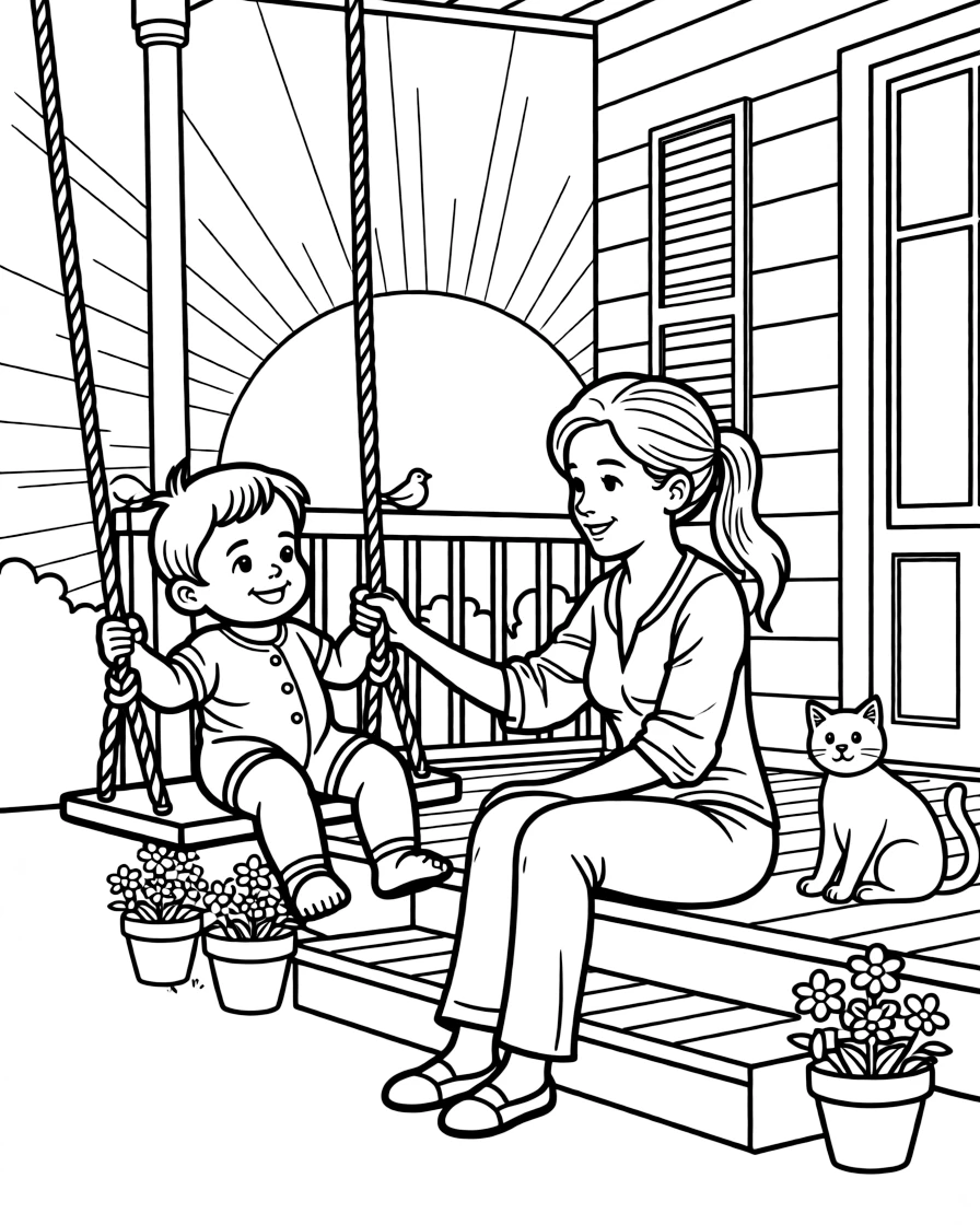 A toddling baby sitting in a swing being pushed gently with a single mom on the front porch steps as the sun sets in orange and pink.
