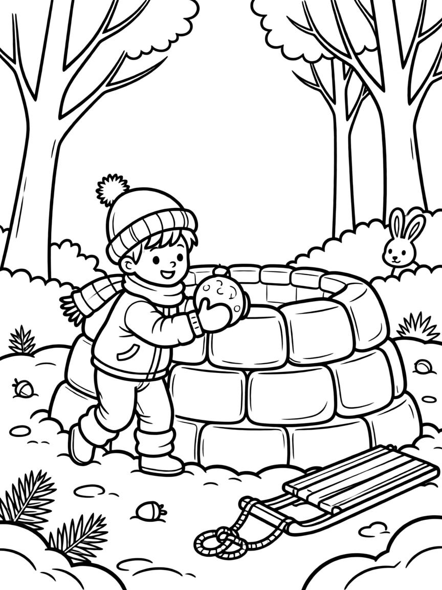 A cheerful young boy, ducking behind a snow fort while packing a snowball to throw.