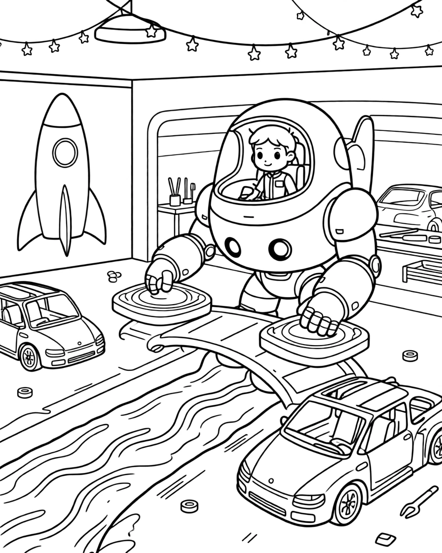Young pilot Photon riding inside the friendly giant mech Guardian Prime building a bridge across a lava river using force-field platforms, in a workshop garage filled with half-finished hovercars, with twinkling string lights strung between floating platforms and a mural of a rocket ship painted on a nearby wall nearby.