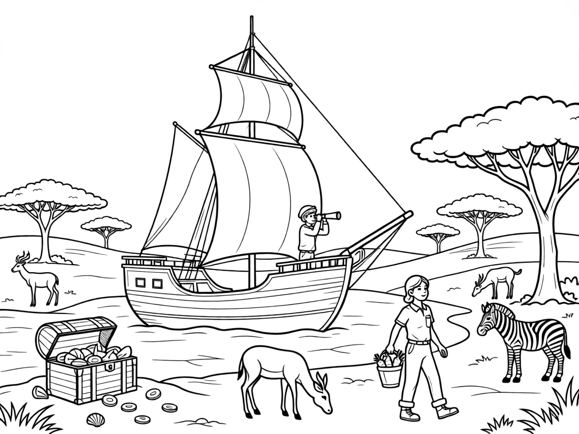 The scene captures a treasure-hunting sailboat with a spyglass-holding captain in the middle of an open savanna dotted with acacia trees and grazing animals, with a zookeeper carrying a bucket of carrots nearby and a treasure chest half-buried in the sand sprinkled around for extra fun.