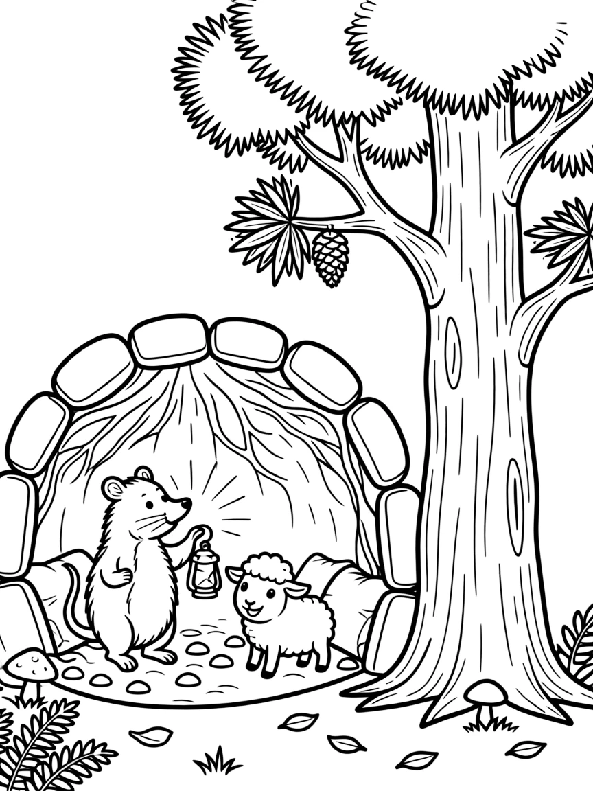 A mole in a cozy burrow, exploring a cave with a lantern beside a lamb, next to a giant redwood tree.