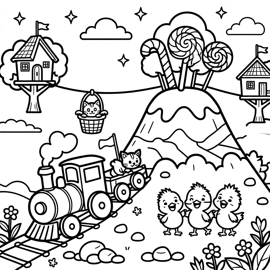 In a treetop city connected by zip lines, a wiggly steam engine puffing hearts is busy planting flags on top of a candy mountain summit, cheered on by a curious kitten peeking out from a basket and a trio of giggling baby chicks. Everyone is laughing and having the best time.