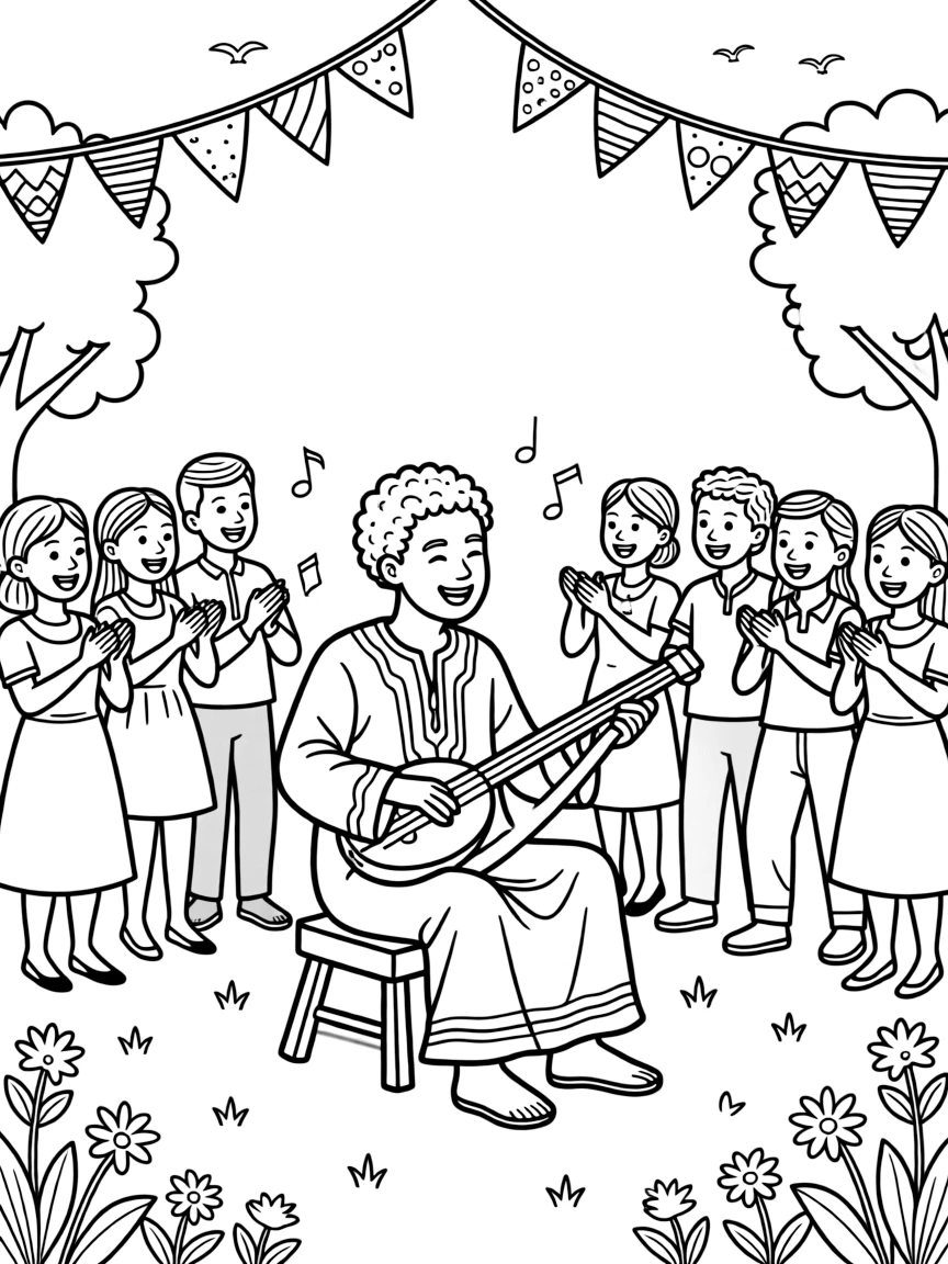A coloring page showing a lively celebration in Mali with a griot storyteller singing family histories to a gathered crowd, while families clap and cheer and colorful banners hang overhead.