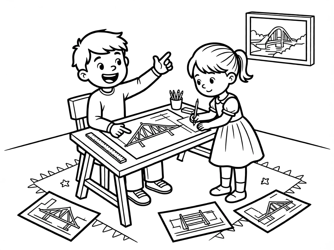 an excited older brother and his little sister sketches blueprints for a bridge at a small drafting table.